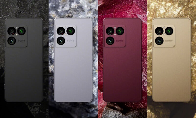 Four Sony smartphones are shown from the back in a row, each in a different color: black, silver, red, and gold, with triple camera modules. Each phone is set against a matching textured background.