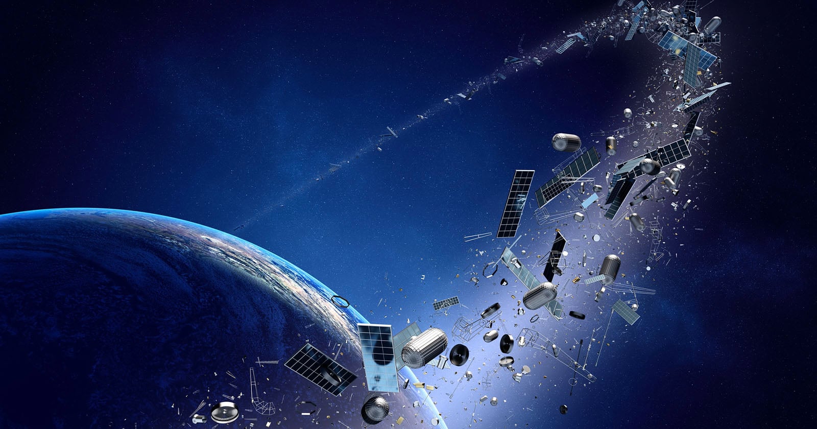 A large collection of space debris, including broken satellites and fragments, orbits above Earth against a dark blue, starry background.