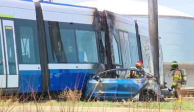 Fiery collision between Tesla and Valley Line LRT sends 1 to hospital, shuts down overpass - Edmonton