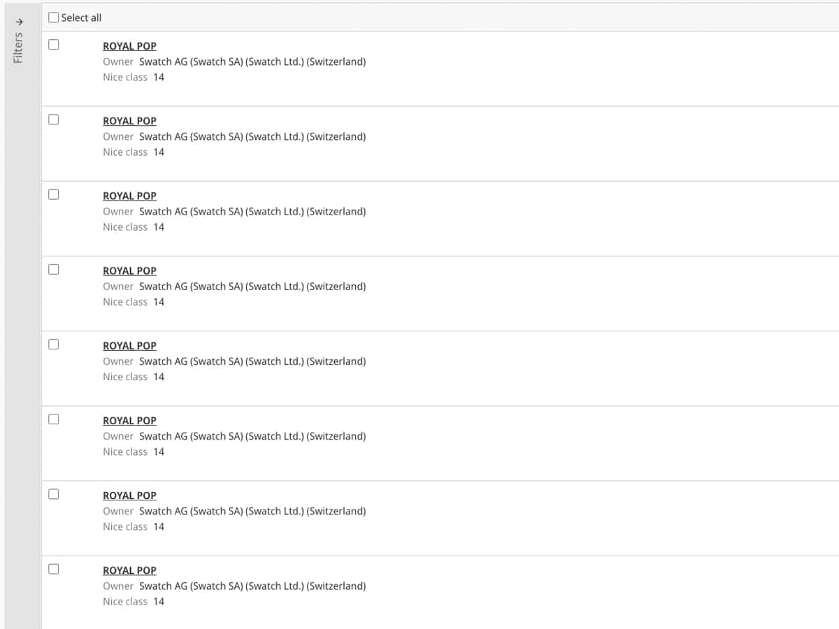 Swatch trademark royal pop filings