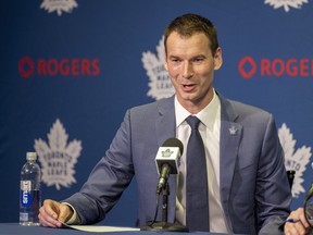 John Chayka is announced as Toronto Maple Leafs general manager during a news conference held at Real Sports Bar and Grill in Toronto on Monday May 4, 2026.