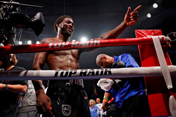 Keyshawn Davis points to the crowd after his a welterweight boxing match against Nahir Albright at Scope Arena in Norfolk, Va., on May 16, 2026. (Peter Casey / The Virginian-Pilot)