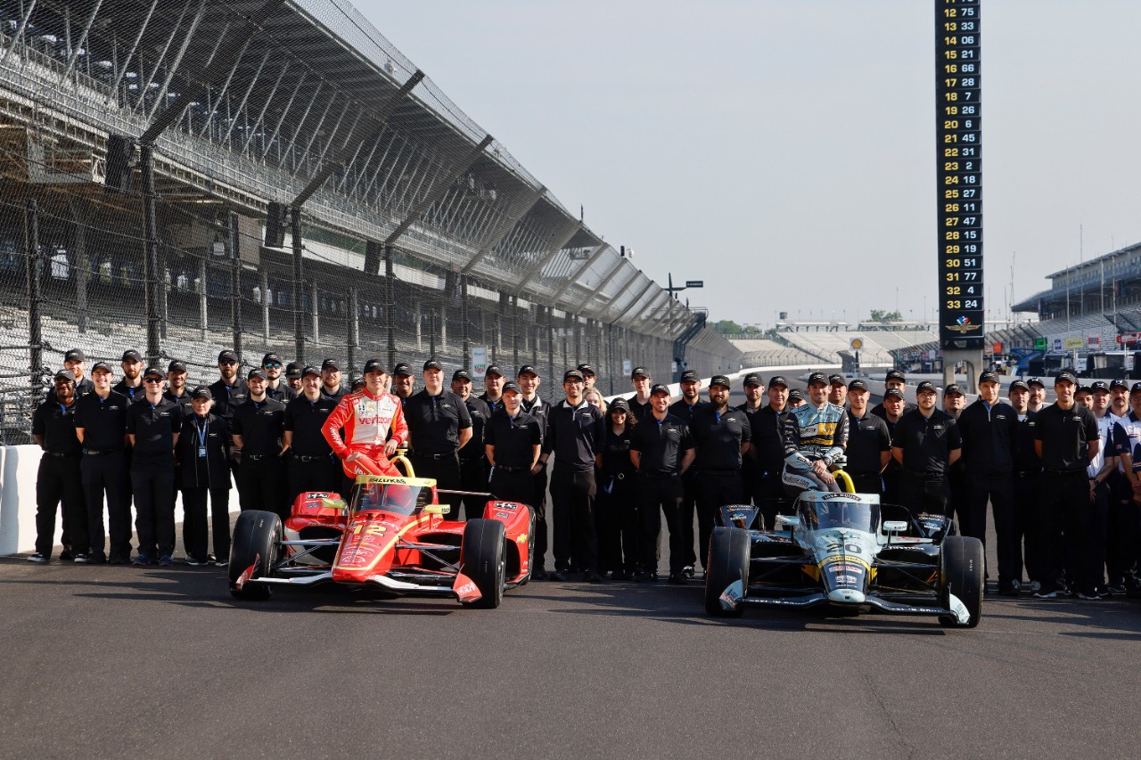 Chevrolet personnel with drivers David Malukas (L) and Alexander Rossi (R) at the Indianapolis Motor Speedway Team Chevrolet at Indianapolis Motor Speedway