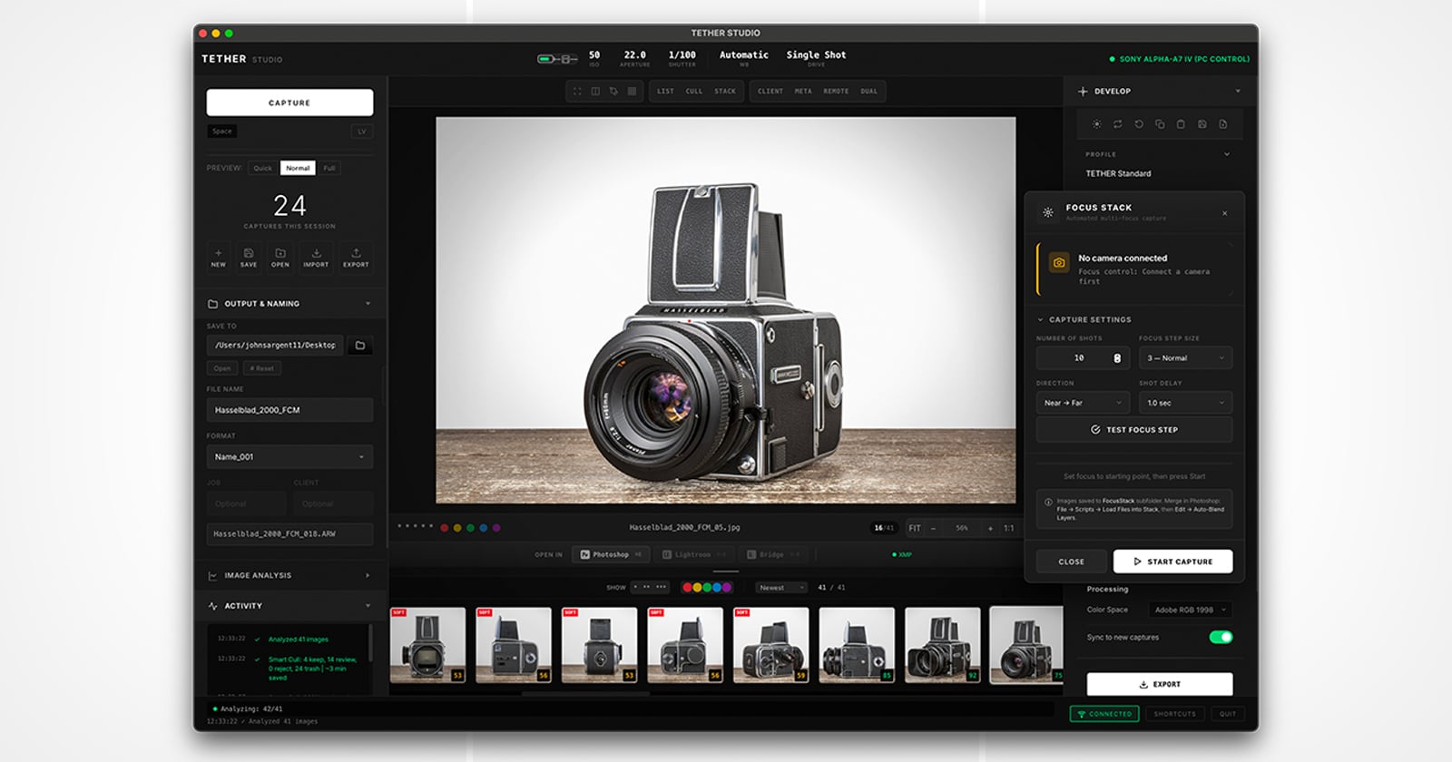 A computer screen displays photography software with a medium format camera as the subject. The interface shows camera controls, settings, and a filmstrip of preview images at the bottom.