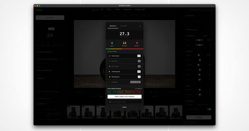 A computer screen displays the Tether Studio interface, showing image settings and analysis results with scores and color indicators. Various adjustment options and thumbnails of product photos are visible at the bottom.