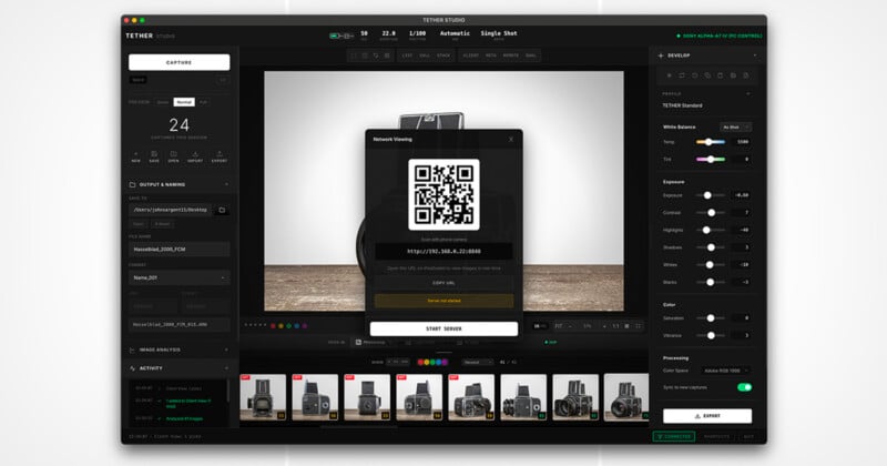 A computer screen displays Tether Studio software with a camera interface, a central pop-up showing a QR code, and various camera settings and image thumbnails visible along the bottom.