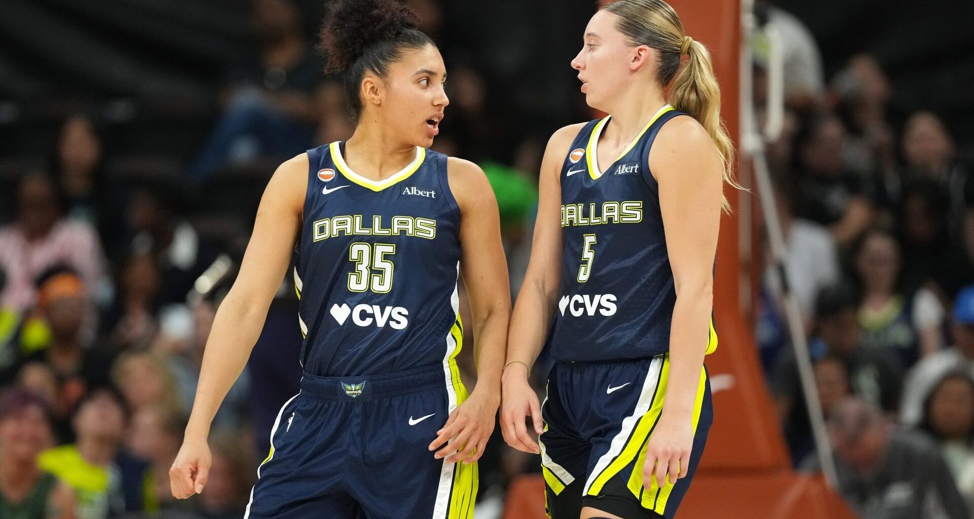 May 3, 2026; Austin, TX, USA; Dallas Wings guards Azzi Fudd (35) and Paige Bueckers (5) at the start of the second half against the Las Vegas Aces at Moody Center. Mandatory Credit: Scott Wachter-Imagn Images