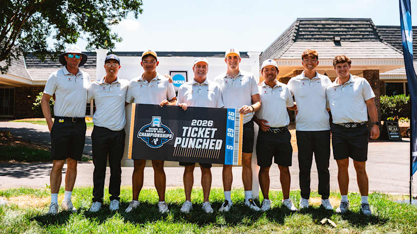 The Virginia men’s golf team after advancing from the 2026 NCAA Winston-Salem Regional at Bermuda Run Country Club. (Courtesy of NCAA)