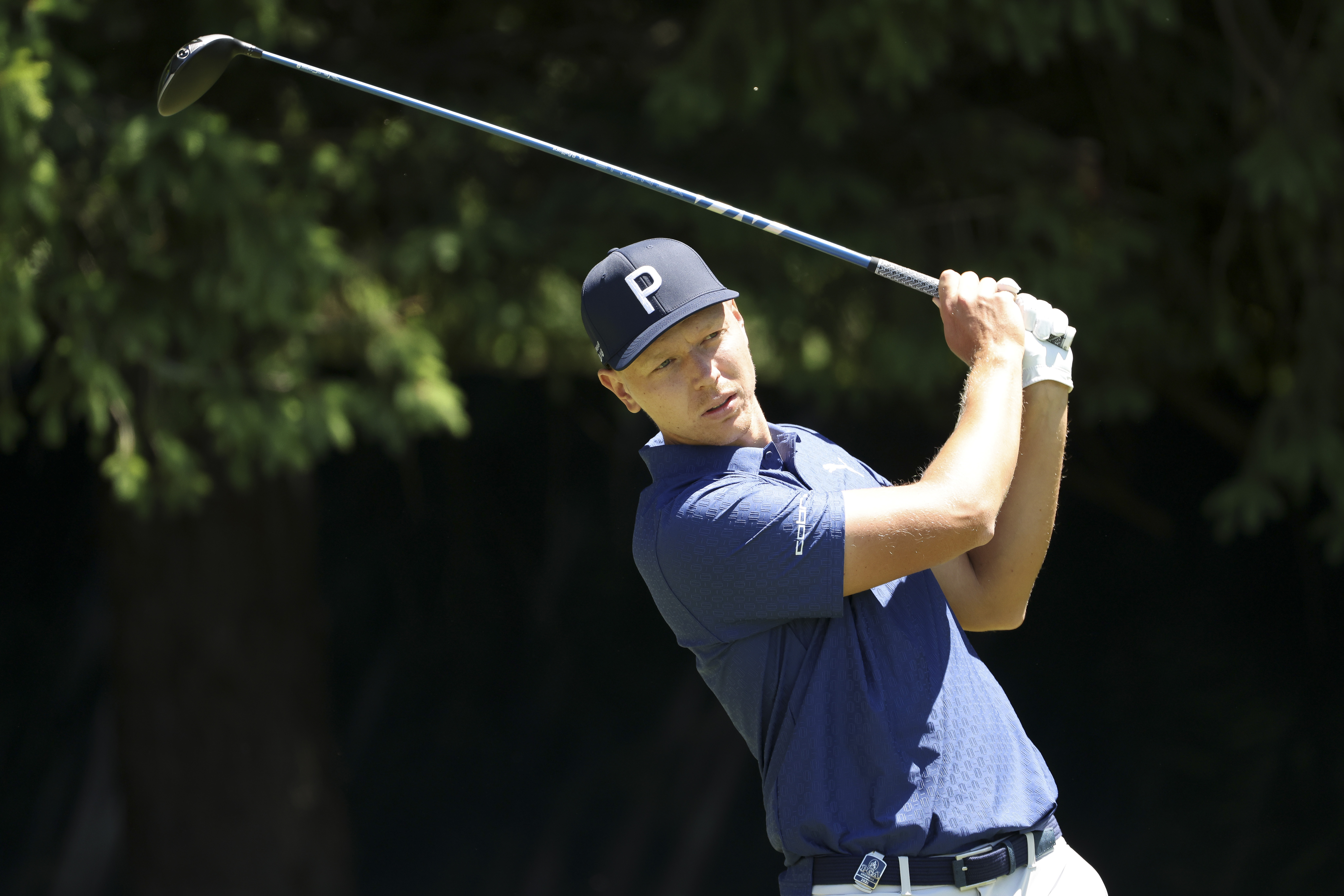 Matti Schmid hits a tee shot on the fourth hole during the third round of the PGA Championship at Aronimink Golf Club