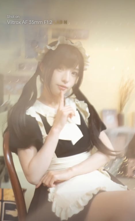 A person in a black and white maid outfit with a headband sits on a chair, posing with one finger raised to their lips in a thoughtful manner. The background is softly blurred.