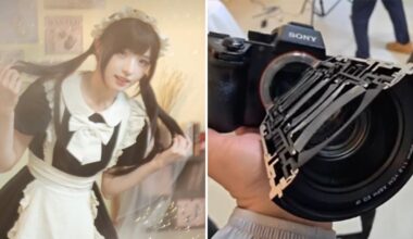 Left: A person in a black and white maid outfit poses, holding their long hair in both hands. Right: A hand holds a Sony camera with an intricate object resembling a mechanical part attached to the lens.