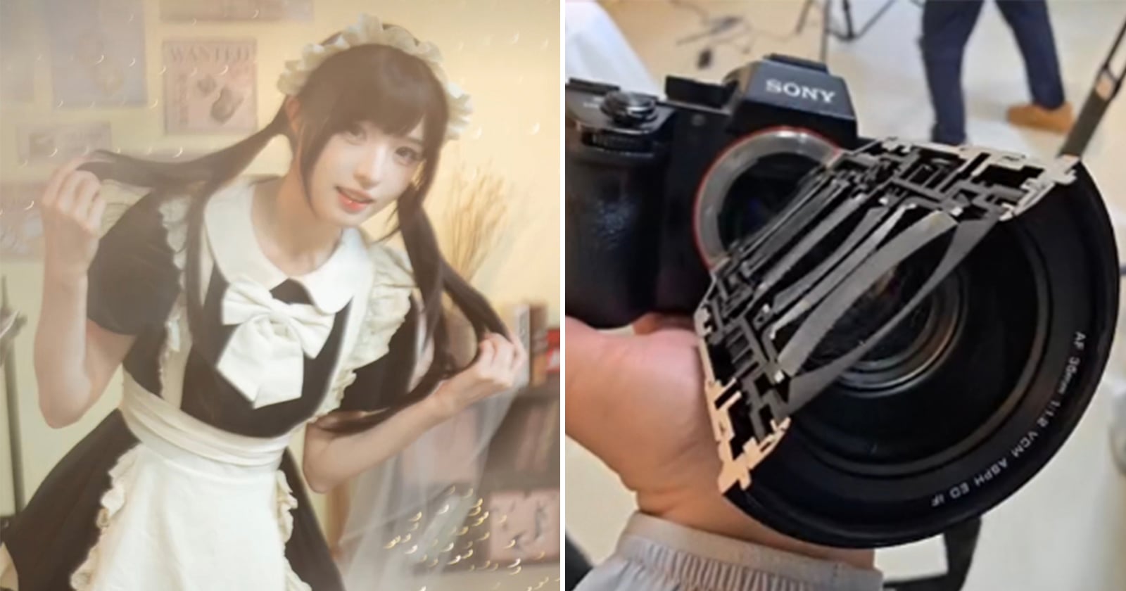 Left: A person in a black and white maid outfit poses, holding their long hair in both hands. Right: A hand holds a Sony camera with an intricate object resembling a mechanical part attached to the lens.