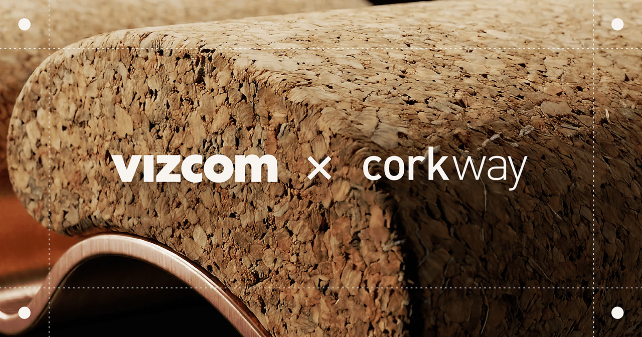 Close-up of a textured cork surface with the white branding 'vizcom × corkway' across the center.