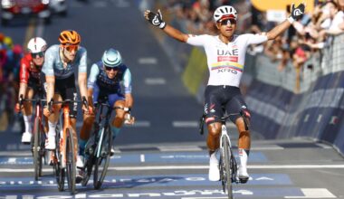 Jhonatan Narvaez celebrates the victory after he crossed the finish line at the 4th stage of the Giro d'Italia