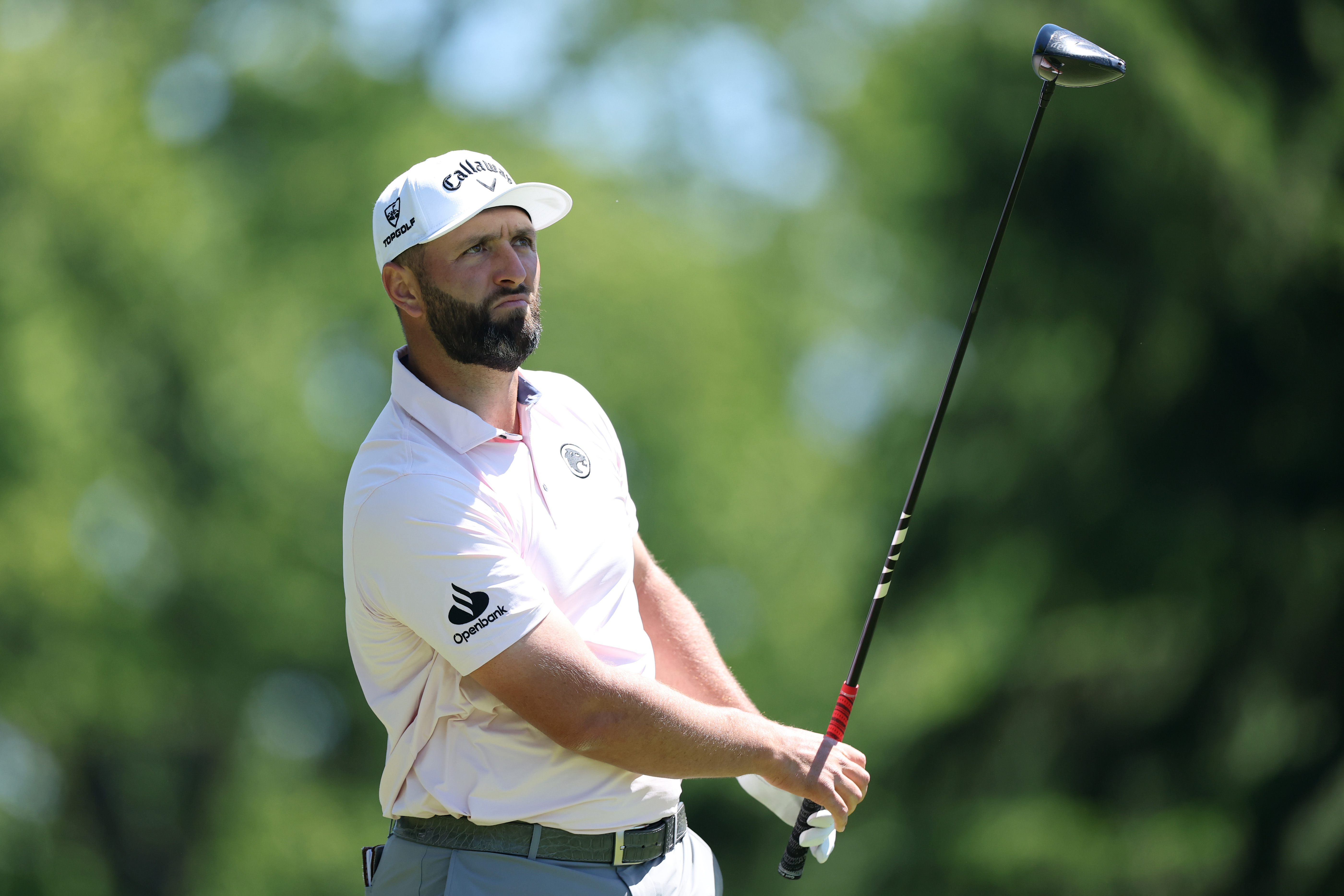 Jon Rahm of Spain watches a tee shot on the second hole during the third round of the PGA Championship at Aronimink Golf Club