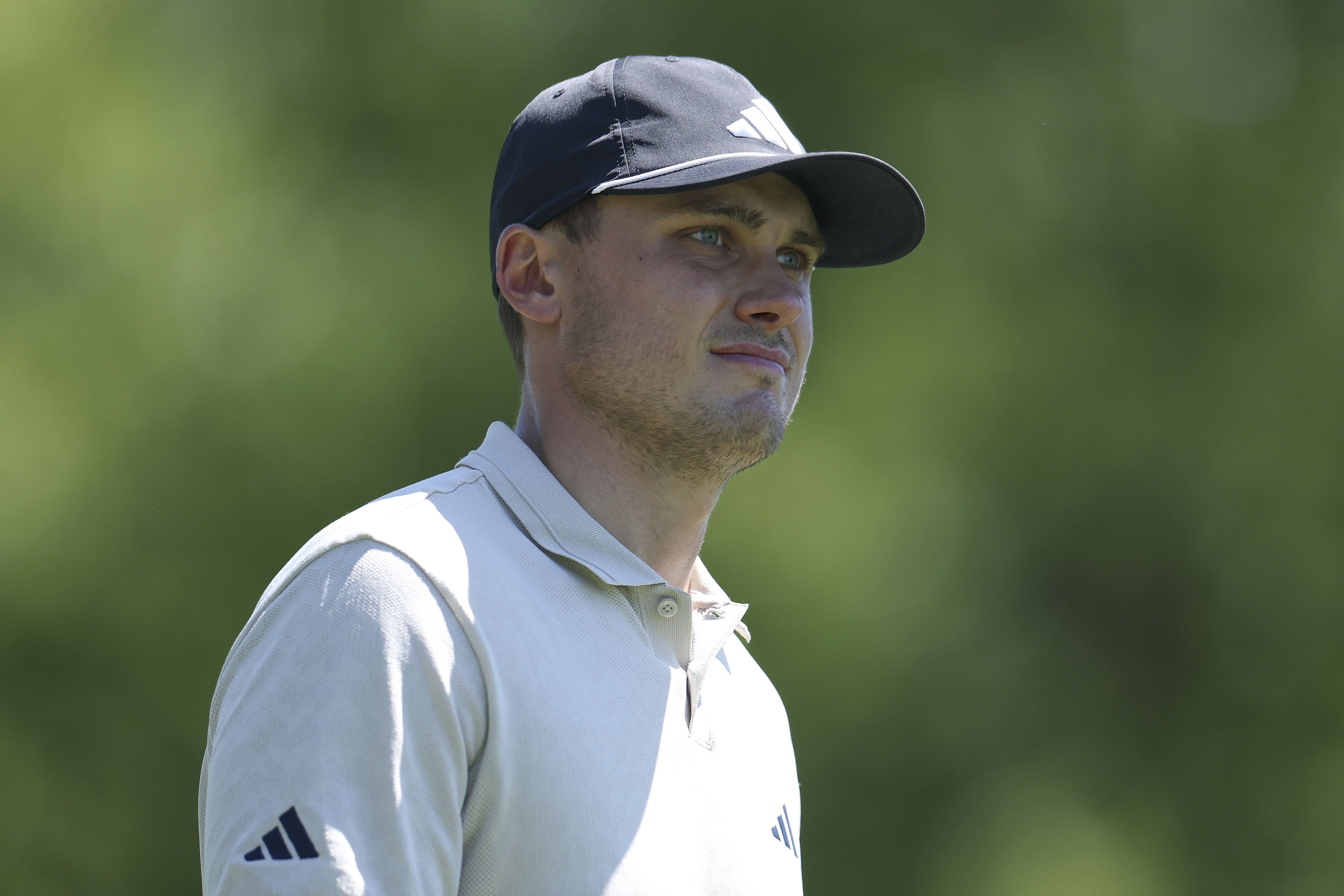Ludvig Aberg looks on while playing the second hole during the third round of the PGA Championship at Aronimink Golf Club