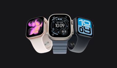 Three Apple Watch models in gold, silver, and blue displayed against a dark background, showing different watch faces.