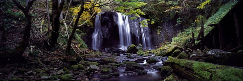 A serene forest waterfall cascades over rocks into a stream, surrounded by moss-covered stones, green foliage, and trees with hints of autumn colors in a peaceful natural setting.