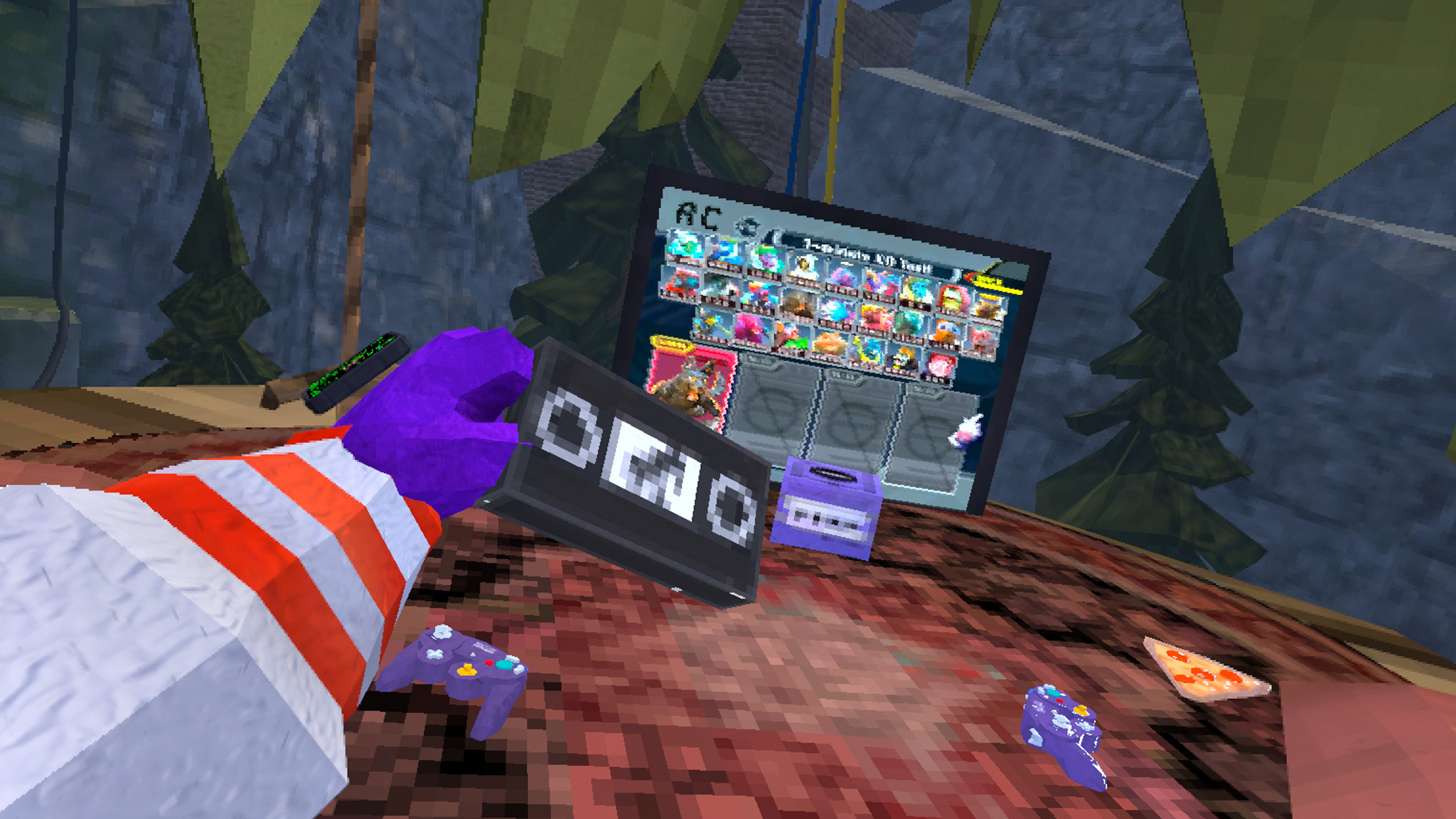 Holding a VHS tape and looking at a Gamecube playing Smash Bros in Animal Company