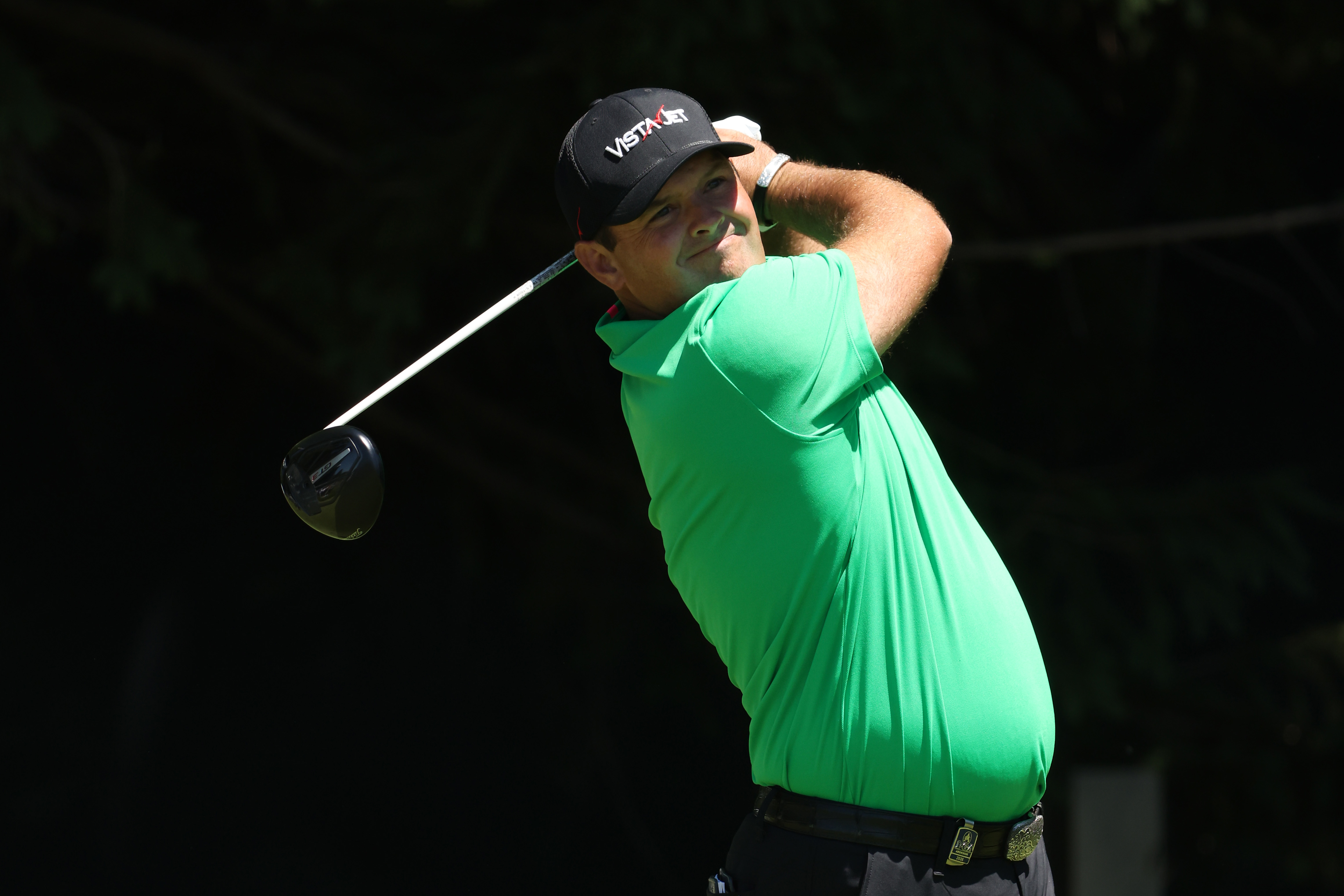 Patrick Reed hits a tee shot on the fourth hole during the third round of the PGA Championship at Aronimink Golf Club