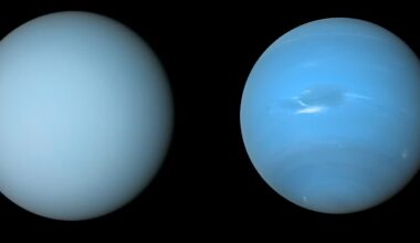 Uranus on the left and Neptune on the right are both shades of light blue, though Neptune is slightly deeper.