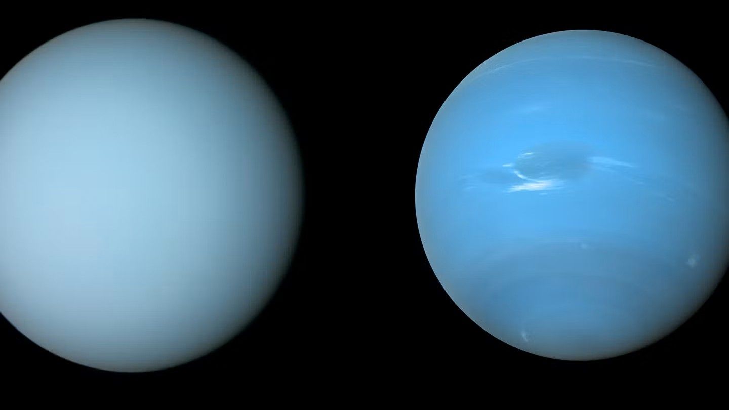Uranus on the left and Neptune on the right are both shades of light blue, though Neptune is slightly deeper.