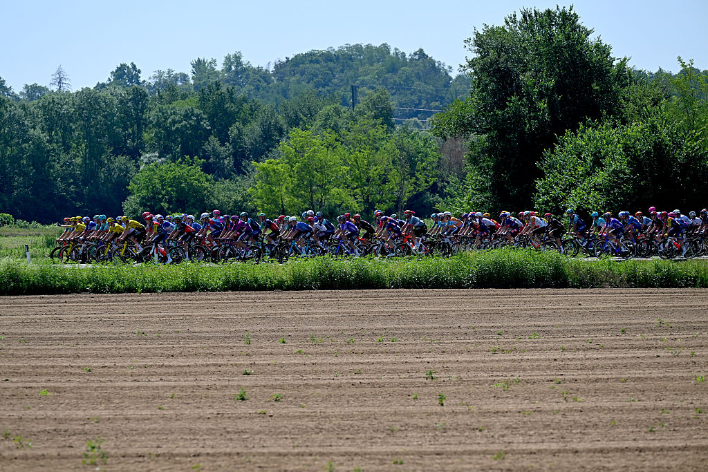 PIANCAVALLO, ITALY - MAY 30: A general view of the peloton competing during the 109th Giro d&amp;apos;Italia 2026, Stage 20 a 200km stage from Gemona del Friuli to Piancavallo 1289m / #UCIWT / on May 30, 2026 in Piancavallo, Italy. (Photo by Tim de Waele/Getty Images)