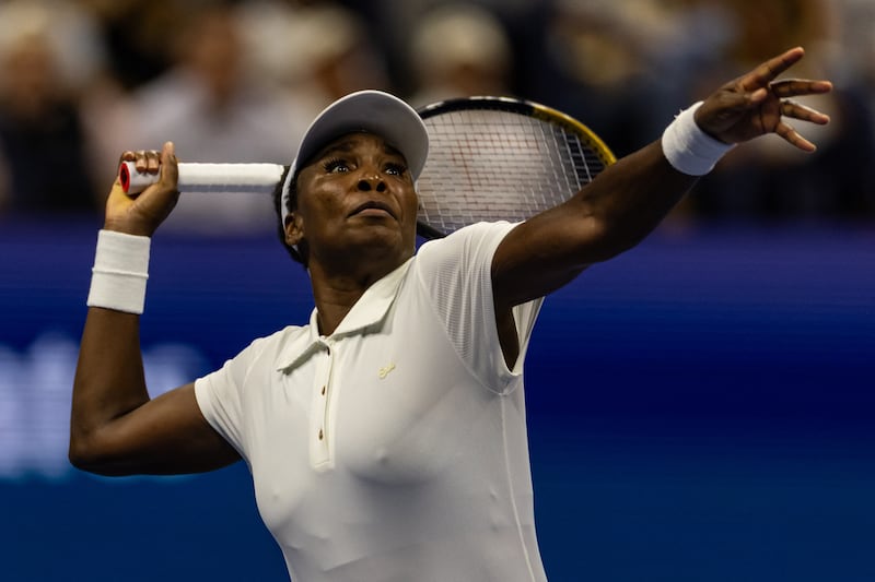 Venus Williams of the United States in action against Karolina Muchova of the Czech Republic in the first round of the women’s singles at the U.S. Open on August 25, 2025.