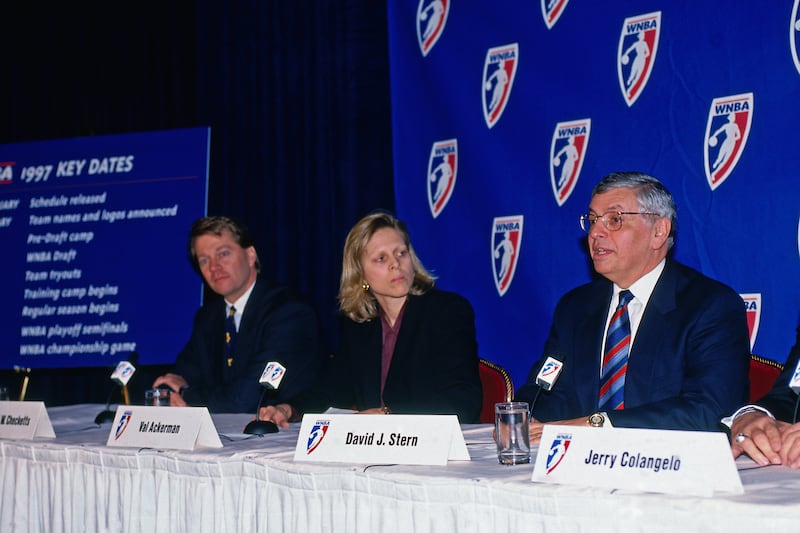 At a 1996 news conference, WNBA President Val Ackerman joined NBA Commissioner David Stern to announce plans to launch the WNBA.