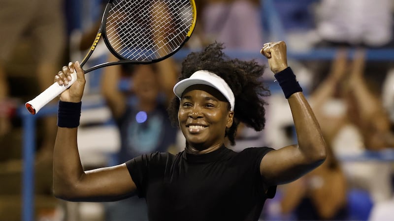 Venus Williams celebrates after match point against Peyton Stearns in a women's singles match on day two of the Mubadala Citi D.C. Open on July 22, 2025.