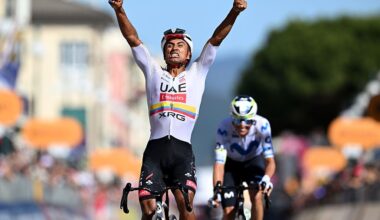CHIAVARI, ITALY - MAY 20: Jhonatan Narvaez of Ecuador and UAE Team Emirates - XRG celebrates at finish line as stage winner ahead of Enric Mas of Spain and Team Movistar during the 109th Giro d&amp;apos;Italia 2026, Stage 11 a 195km stage from Porcari to Chiavari / #UCIWT / on May 20, 2026 in Chiavari, Italy. (Photo by Tim de Waele/Getty Images)