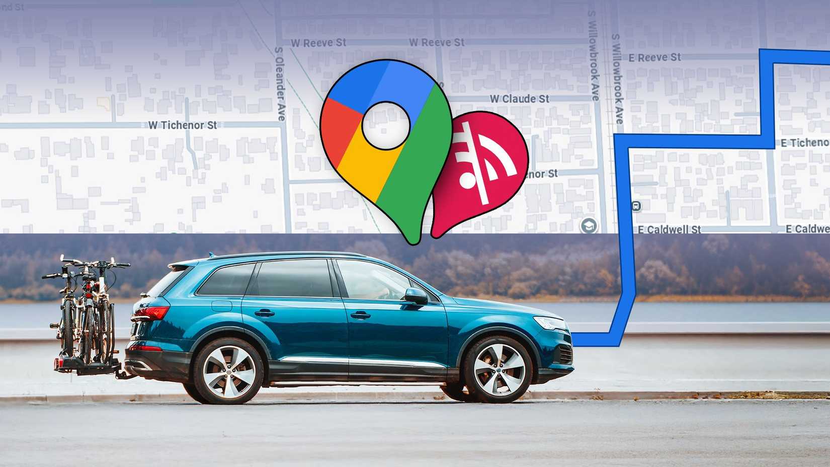 A car driving along a wooded area with a map in the background and the Google Maps logo featuring an offline Wi-Fi icon