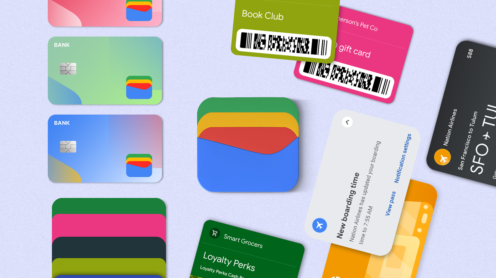 A Google Wallet logo surrounded by digital bank cards, loyalty cards, and a boarding pass notification on a light purple background
