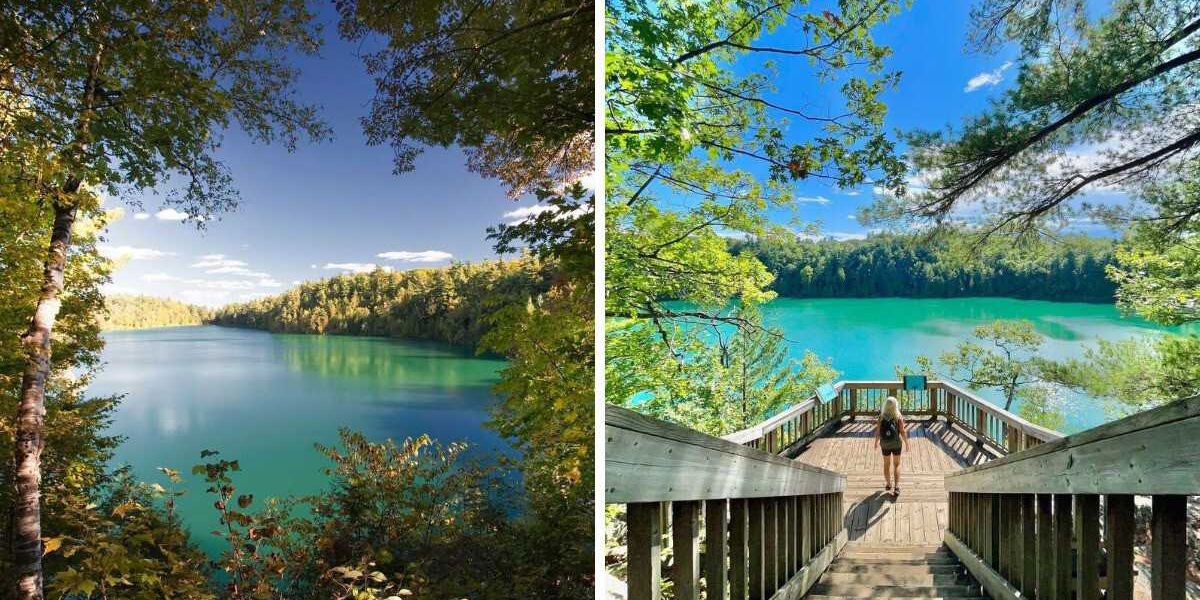 This woodland boardwalk near Ottawa leads past glassy waters to a rare turquoise lake
