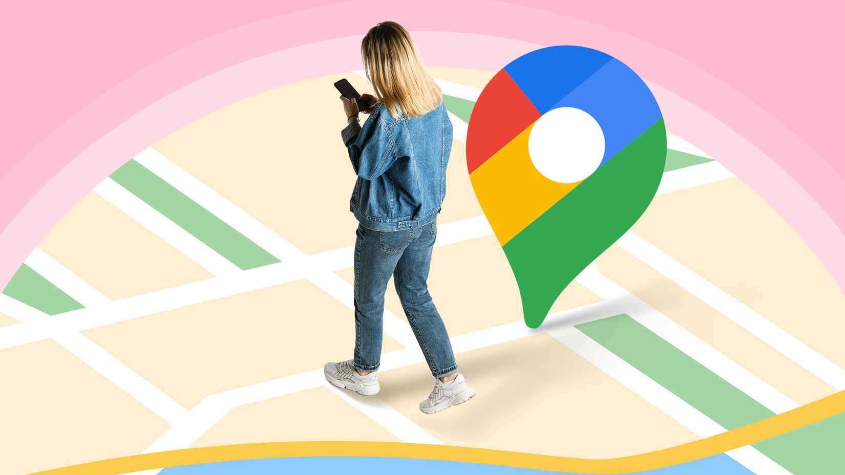 A woman walking and using her phone next to a giant Google Maps location pin.