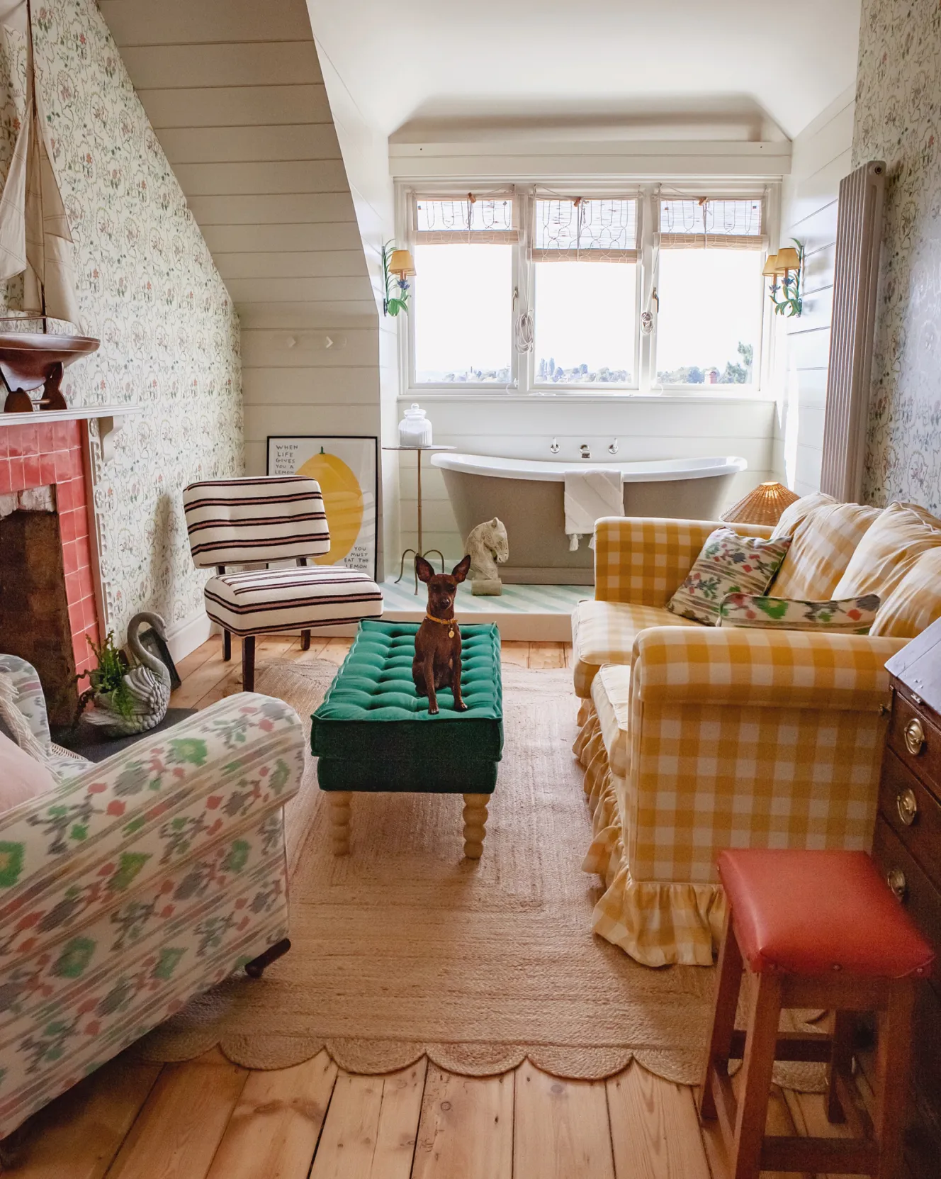 A small brown dog sitting on a green tufted ottoman in a bright, eclectic living room with a freestanding bathtub by the window.