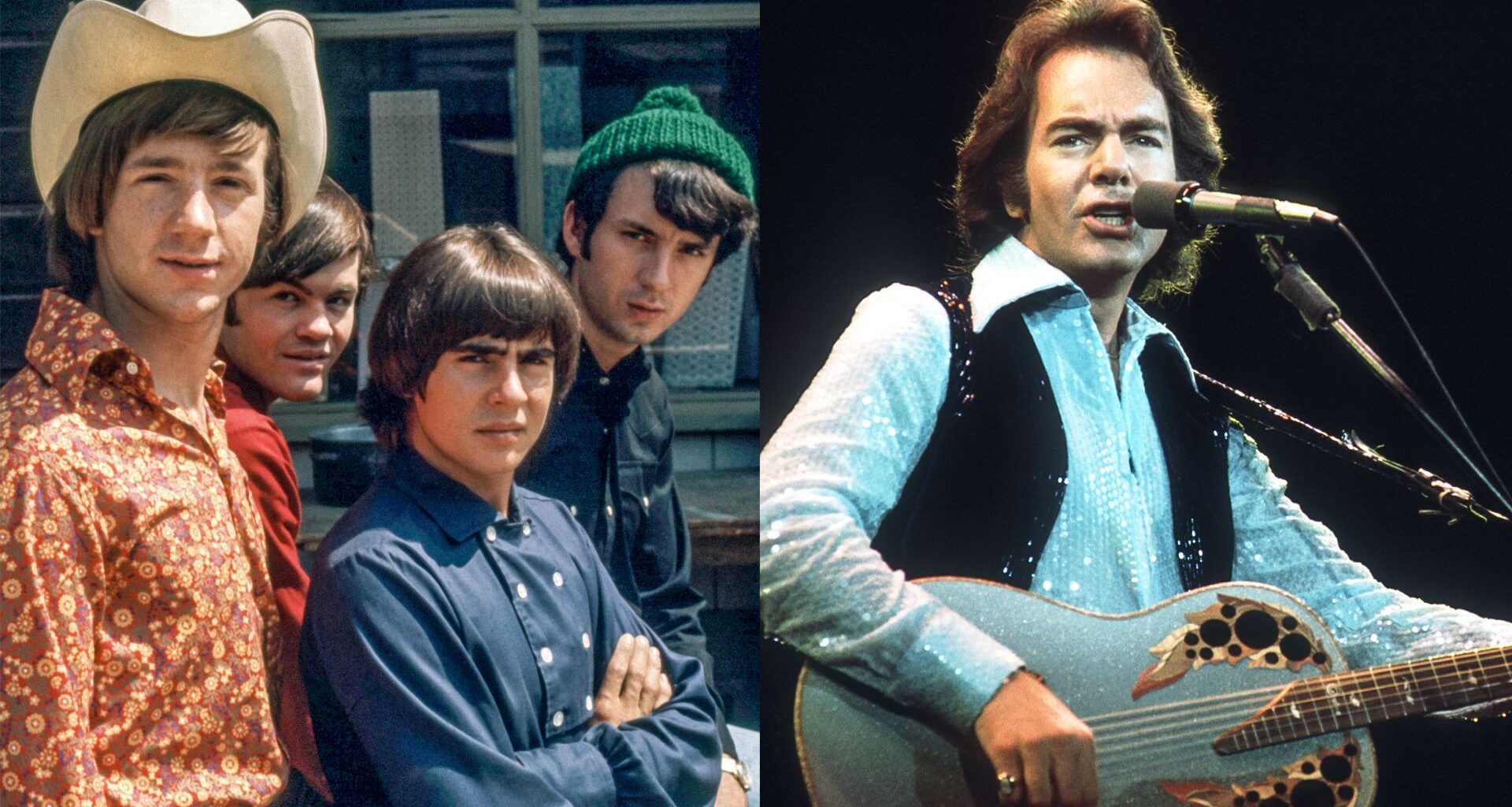 LEFT: The Monkees Davy Jones, Peter Tork, Micky Dolenz, Michael Nesmith. RIGHT: Neil Diamond performs onstage with an Ovation acoustic guitar in circa 1977 in Los Angeles, California.