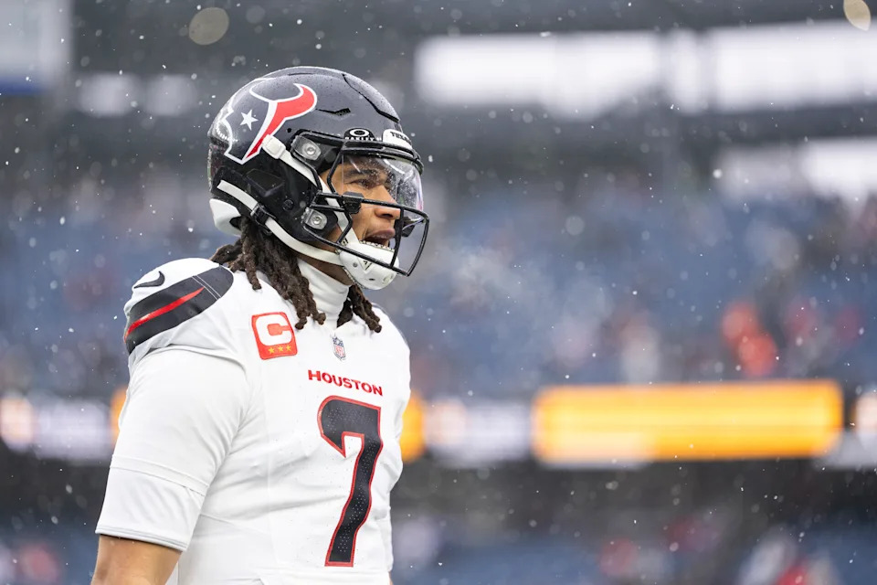 FOXBOROUGH, MASSACHUSETTS - JANUARY 18: C.J. Stroud #7 of the Houston Texans reacts prior to an NFC Divisional Playoff game against the New England Patriots at Gillette Stadium on January 18, 2026 in Foxborough, Massachusetts. (Photo by Michael Owens/Getty Images)