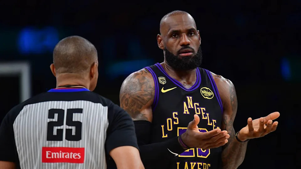 May 11, 2026; Los Angeles, California, USA; Los Angeles Lakers forward LeBron James (23) speaks with official Tony Brothers during the first half in game four of the second round of the 2026 NBA Playoffs at Crypto.com Arena. Mandatory Credit: Gary A. Vasquez-Imagn Images© Gary A. Vasquez-Imagn Images.