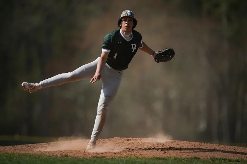 DePaul pitcher Jason Amalbert (1) pitches the ball in a game against the Passaic Valley Hornets at Passaic Valley High School, Apr 24, 2025, Little Falls, New Jersey, United States. Yannick Peterhans/NorthJersey.com