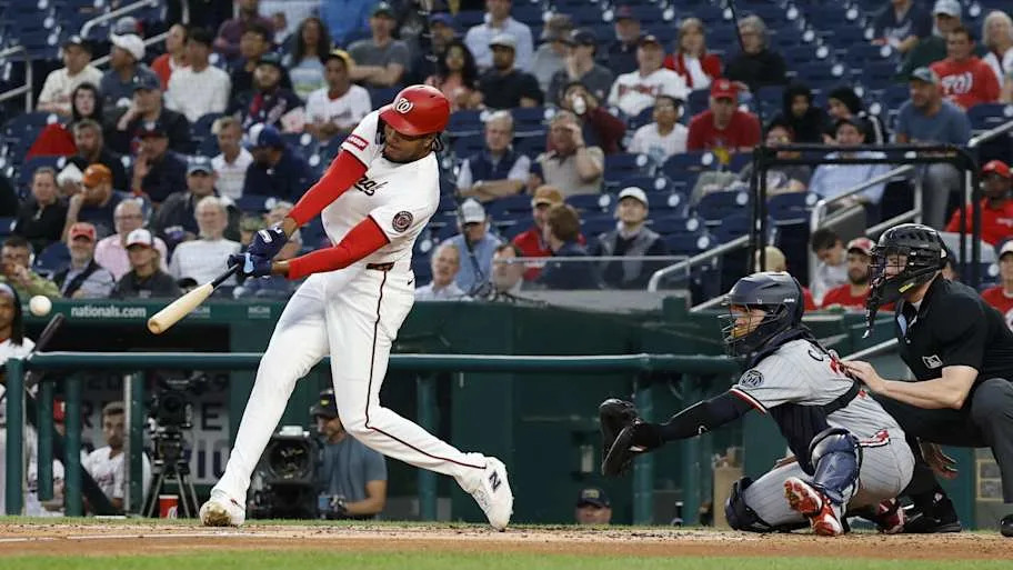 James Wood (29) singles against the Minnesota Twins during the fourth inning at Nationals Park.
