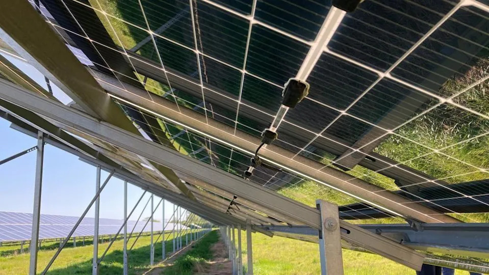 The underside of a row of solar panels