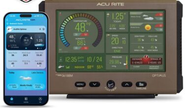 A marketing image for the AcuRite Optimus weather station with the AcuRite Now app pictured.