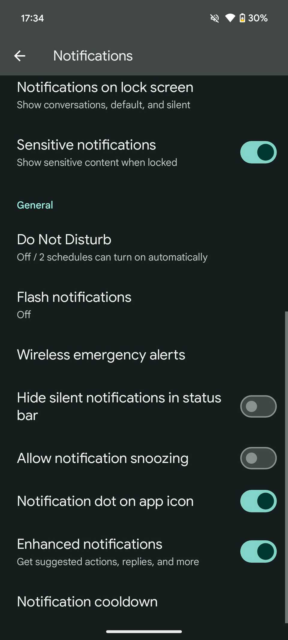 A list of notification settings in the Android 15 DP1