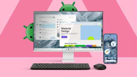 Screen displaying an Android desktop interface with a Google Pixel next to it and some Android mascots in the background