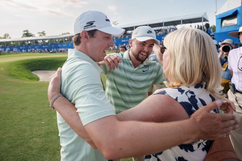 Matt and Alex Fitzpatrick greet their mother, Susan, after winning the Zurich Classic on April 26.