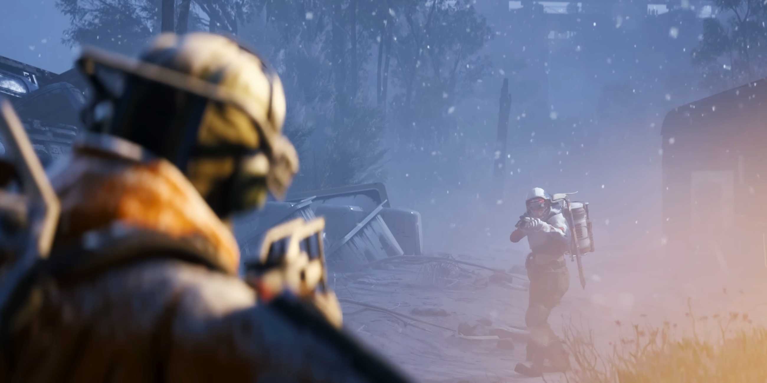 Two Raiders pointing guns at each other in the snow.