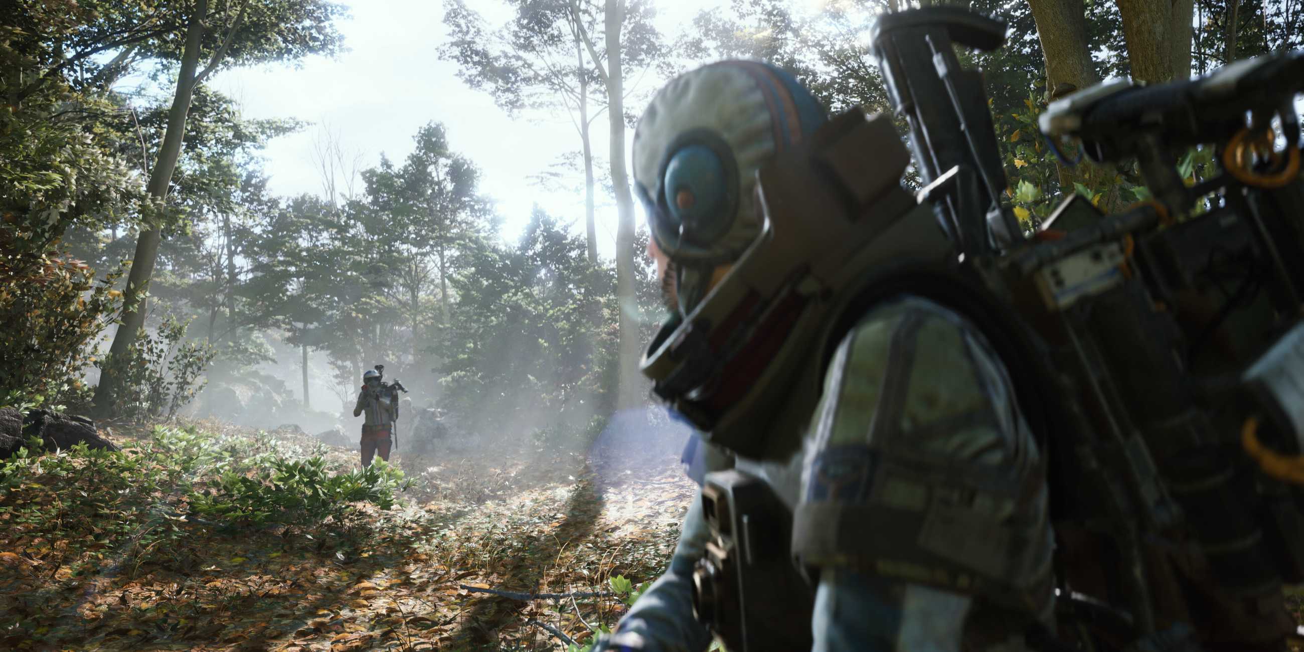 Two ARC Raiders characters looking at each other in grove. One in the distance is pointing a weapon at the other up close.
