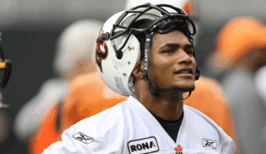 Former B.C. Lions wide receiver Arland Bruce takes a break during a practice before the 2011 Grey Cup. (Ryan Remiorz/CP)
