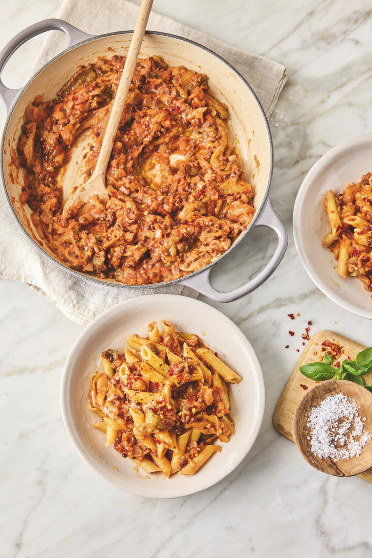 Slow-roasted aubergine and lentils create a rich, make-ahead ragu that improves with time (Clare Winfield)